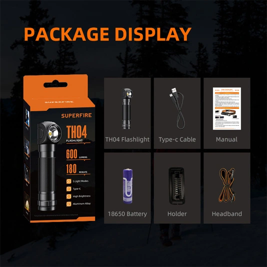 SUPERFIRE TH04 18650直角充電式懐中電灯ヘッドランプ90度