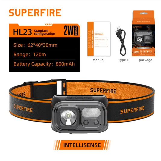 SUPERFIRE HL23/HL23-A/HL23-S USB充電式LEDセンサーヘッドランプ